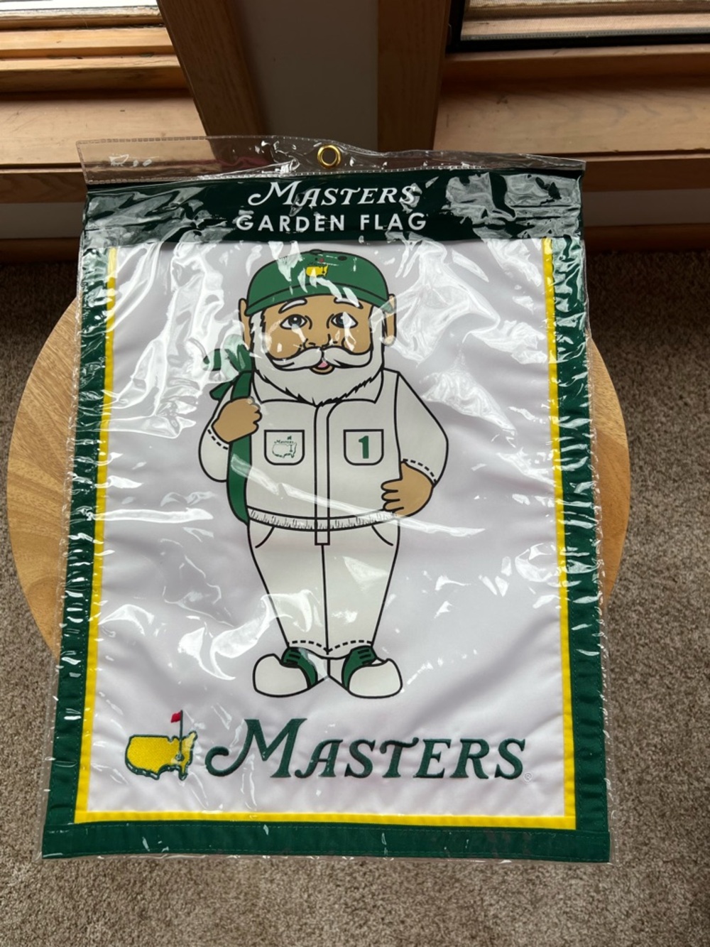 Masters White Garden Flag with Green & Yellow Trim